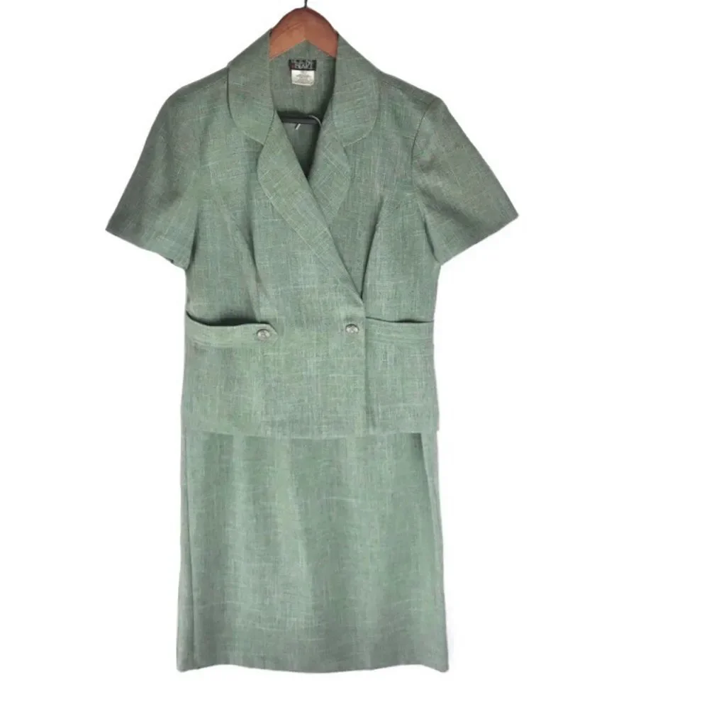 Vintage Womens Sage Green Short Sleeve Blazer & Pencil Skirt Suit Set